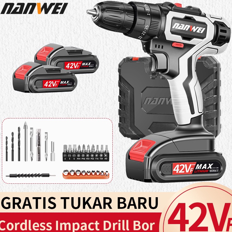 Stok Terbatas.. NANWEI - 【gratis tukar baru】Bor Listrik Bor Tanpa kabel 42V Set Lengkap Mata Bor Cor
