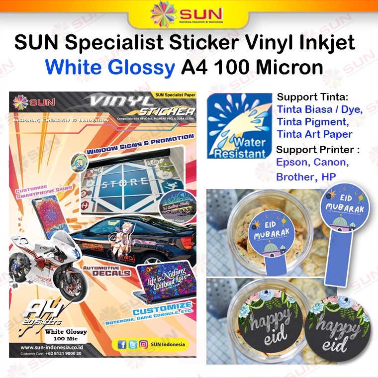 

TTDY0547 Sticker Vinyl Inkjet Anti Air A4 - Kertas SUN Sticker Vinyl Inkjet Matte/ Glossy / Transparant / Hologram / Gold / Silver A4 Waterproof Anti Air isi 10 lembar epson/canon/hp/brother ori/dye/pigment/art paper ink - 664, 003, 673, 790, 810, BT5000