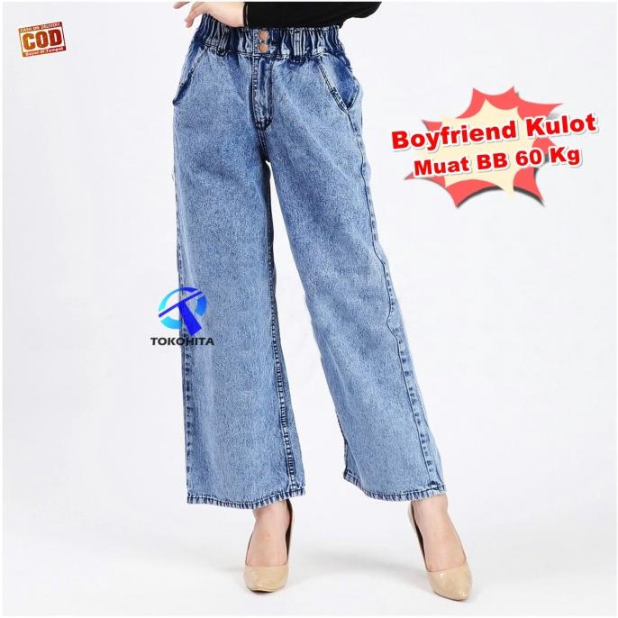 Celana Boyfriend Kulot Jeans Wanita Kancing