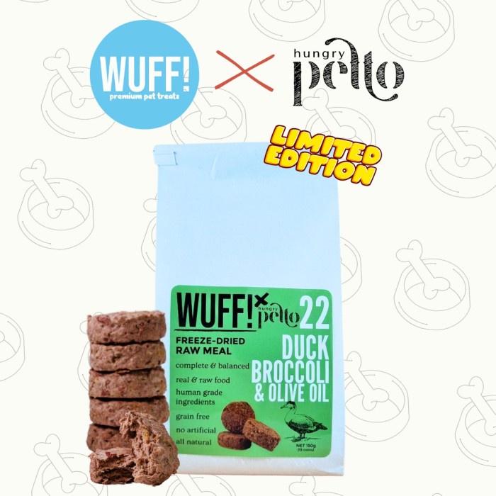 

FREEZE DRIED RAW MEAL DUCK BROCCOLI OLIVE OIL (WUFF X H. PETTO)