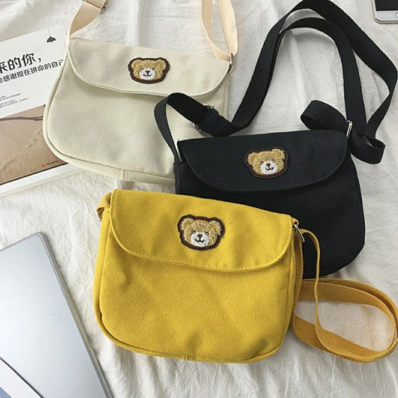 TASNOVAKU - Tas selempang kanvas korean mini sling bag canvas Tedy Bear Sling Bag Mini Tas Selempang