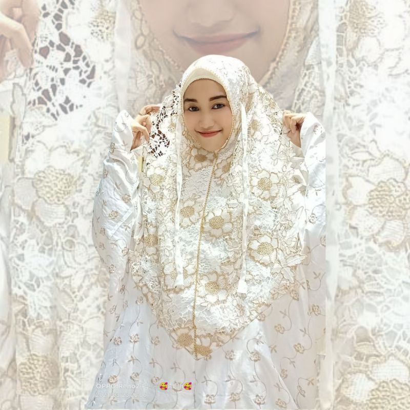 Mukena Sutra Jepang Terusan Putih Renda Swaroski