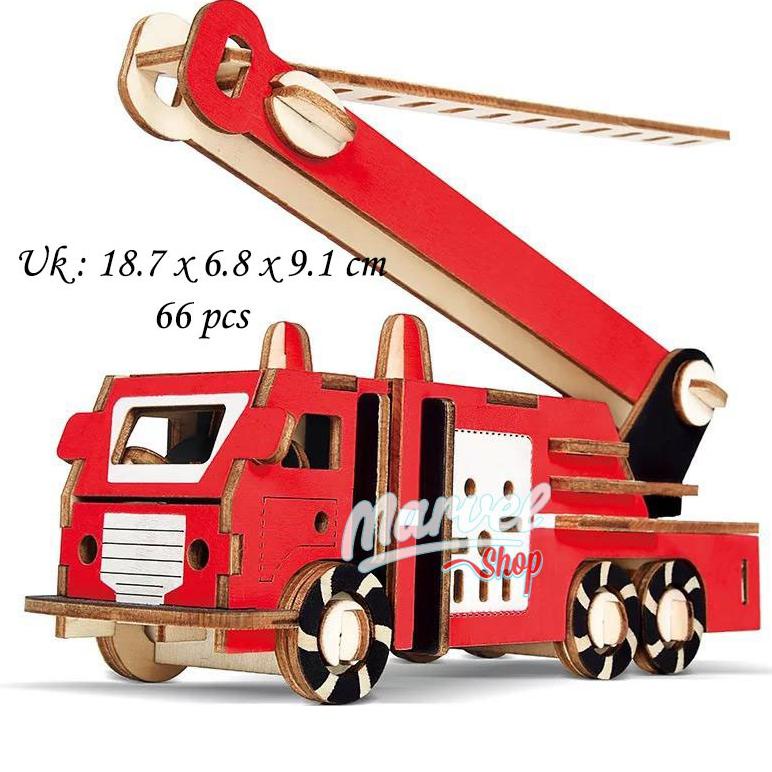 [FDY] Puzzle 3D bahan kayu model Fire Truck / Truk mobil pemadam kebakaran mainan puzzle edukasi anak Laris