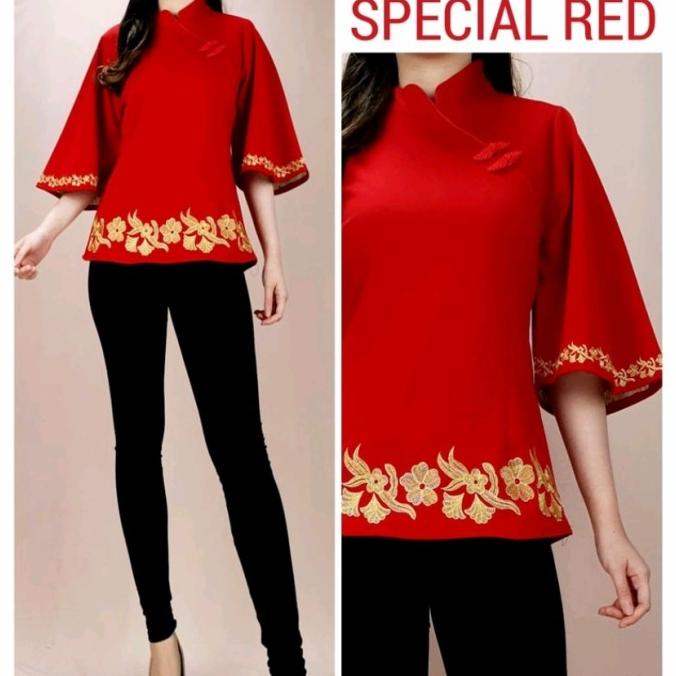 New Atasan Blouse Cheongsam Qipao Wanita Elegant Red Blossom Gold Nn Limited Edition