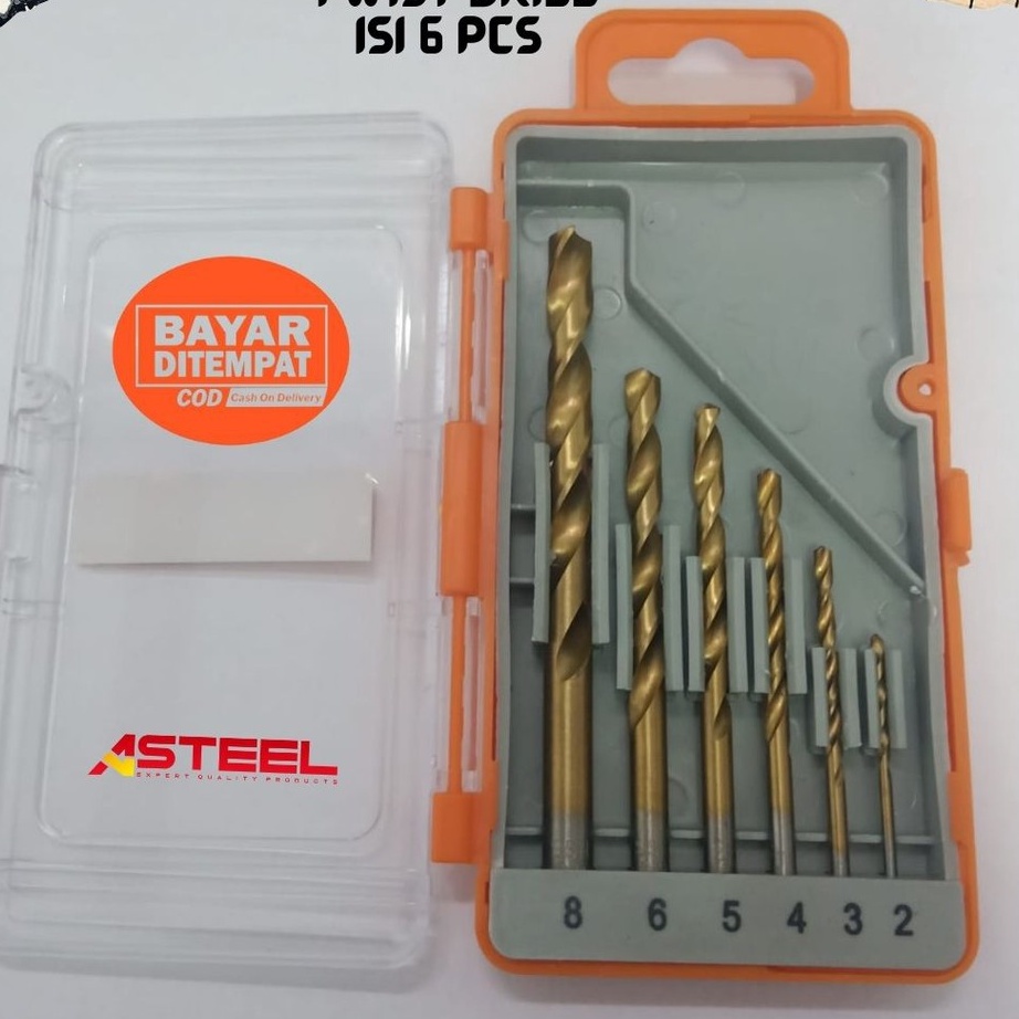 Diskon MATA BOR BESI HSS STEEL TITANIUM SET 6 PCS TWIST DRILL SET DRILL BITS HSS TITANIUM ASTEEL - M