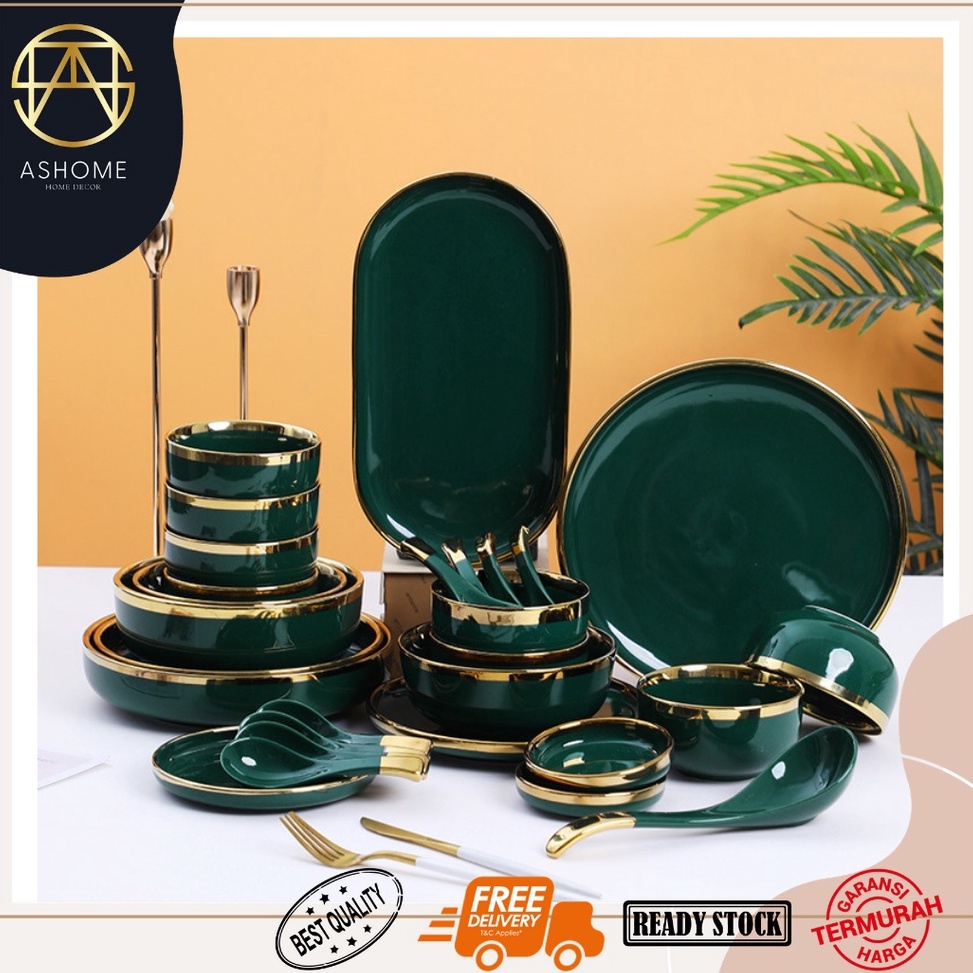 TERLARIS ASHOME Piring Makan Keramik Hijau Gold / Piring Emerald Keramik List Gold / Mangkuk Keramik