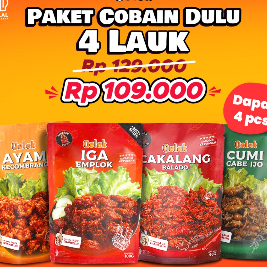 

LKPG9934 TERMURAH Oelek Paket Cobain Dulu 4 Laoek / Iga Emplok / Cakalang Balado / Cumi Cabe Ijo / Ayam Kecombrang / Lauk Siap Saji