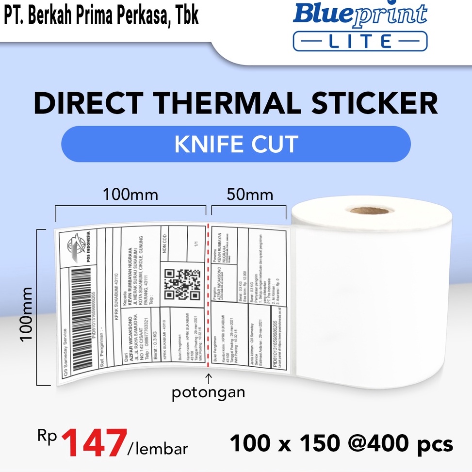 

[ART. Q36W] Direct Thermal Sticker , Kertas Label Resi BLUEPRINT Lite 100x150 mm 400Pcs Knife Cut - 1 Roll