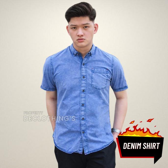 kemeja jeans pria lengan pendek slim fit kasual distro pria ee-03b