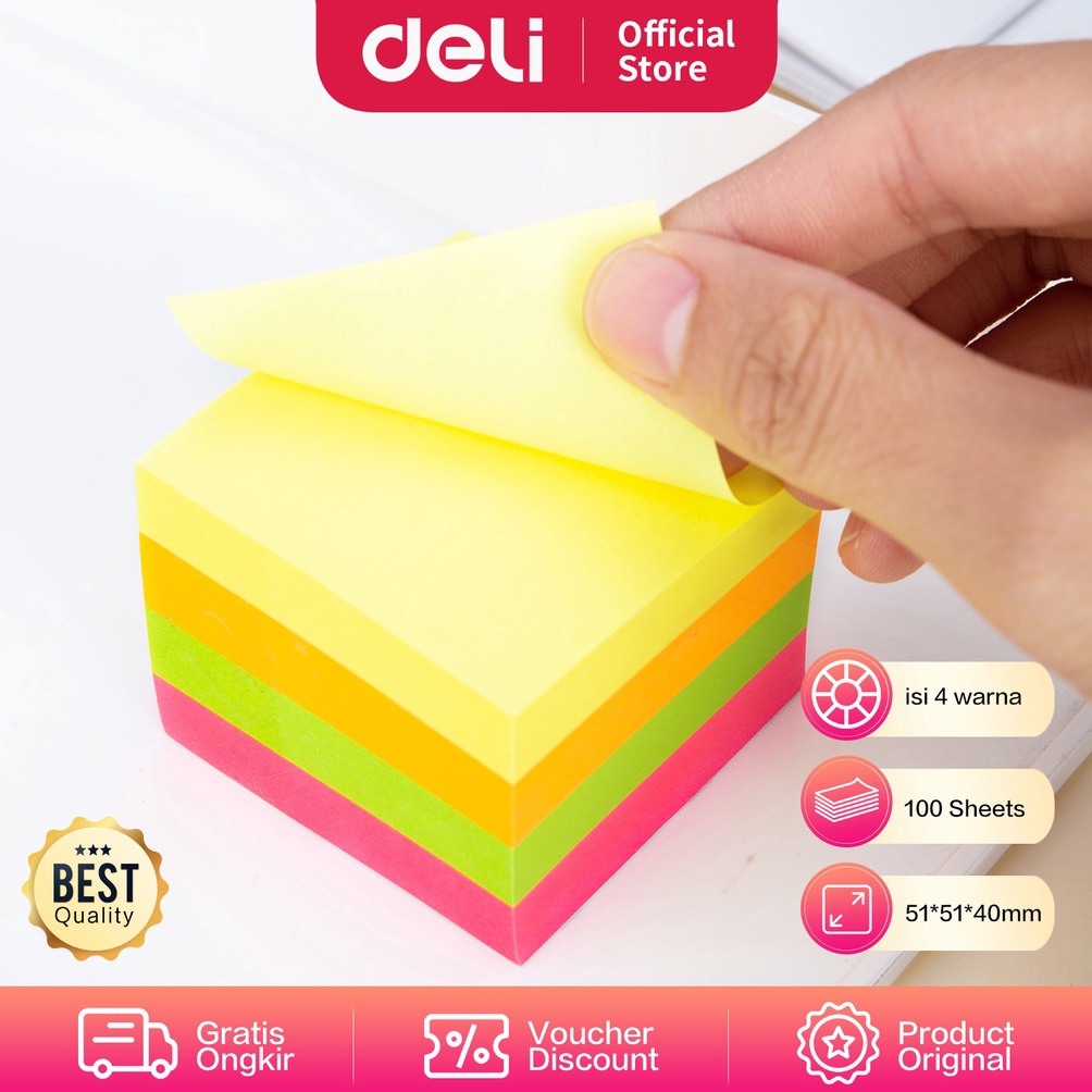 

10.10 SALE Deli Sticky Note Pad Notes 4x100Sheets 51*51*40mm Lem Menempel Erat EA03303