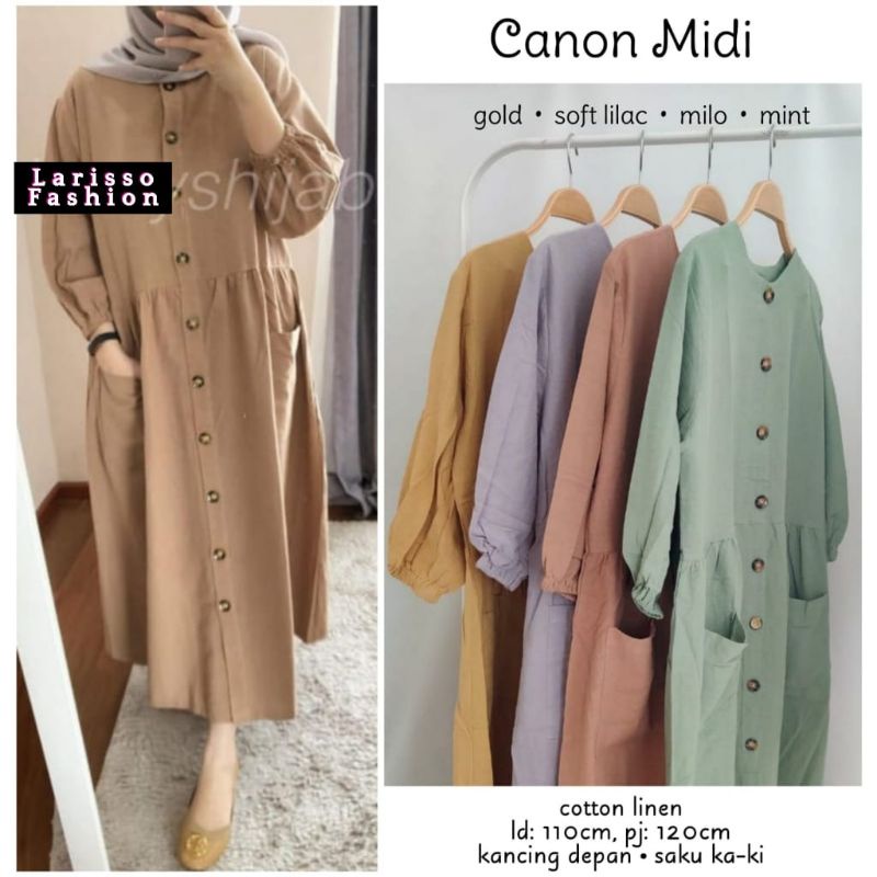 Midi dress gamis muslim full kancing saku depan linen / Canon Ivanka midi dress