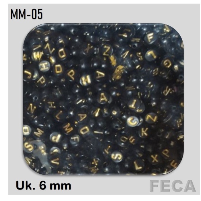 

Manik Mote Huruf Abjad / Bulat Gepeng Hitam / Huruf Gold / 6 mm
