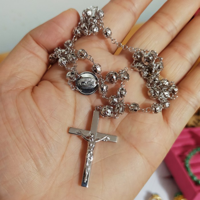 ✨Sale Kalung Panjang Rosario Salib Katolik Emas Putih Asli Bisa Sameday