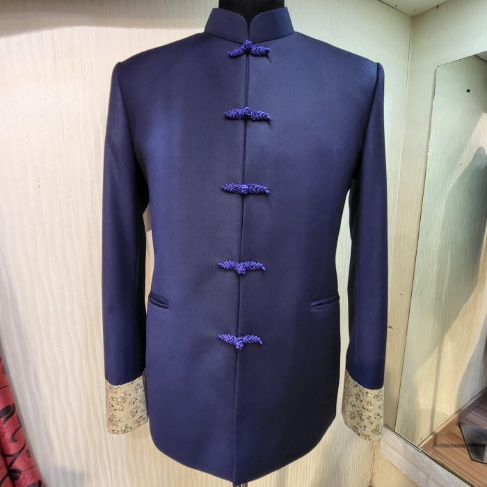 ✨New Cheongsam Pria / Sanjit / Qipao Navy Doff List Gold Motif Limited