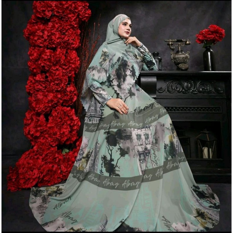 Gamis Syari Ceruty Printing Albony Scraf m2
