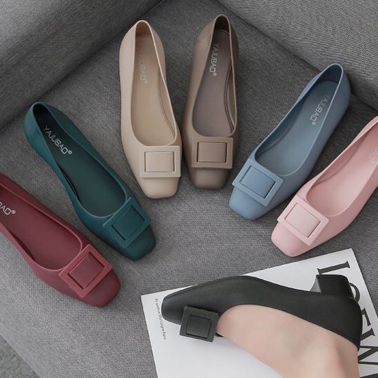 (B81☑> Sepatu Flat Shoes Wanita Hak Import Sepatu Wedges Hak Bahan Jelly Sepatu Mules Wanita Hak Tah