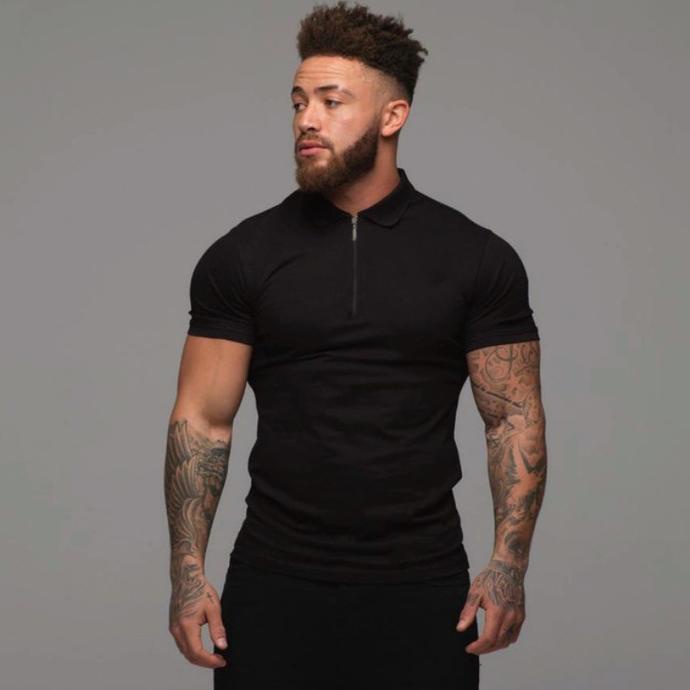 Kerah Zipper Hitam Kaos Gym Kerah Baju Polo Training Fitness Pria