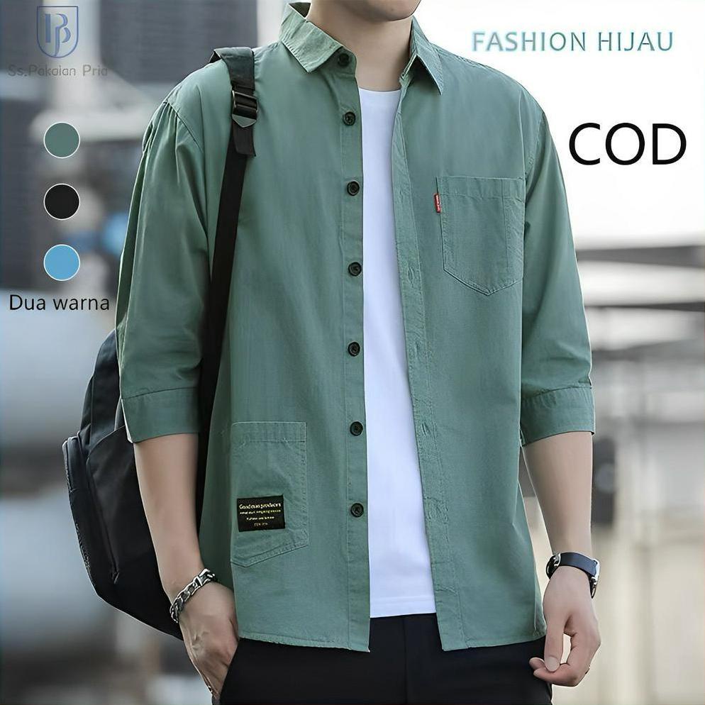 Kemeja pria lengan pendek kasual pria korean style kemeja cowok fashion kemeja hijau atasan pria ove