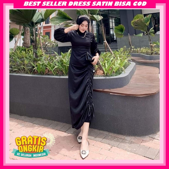 Gaun Kondangan Mewah Elegan Satin 2023 Dres Kilap Dress Pesta Wanita Elegan Party Dres Import Satin 