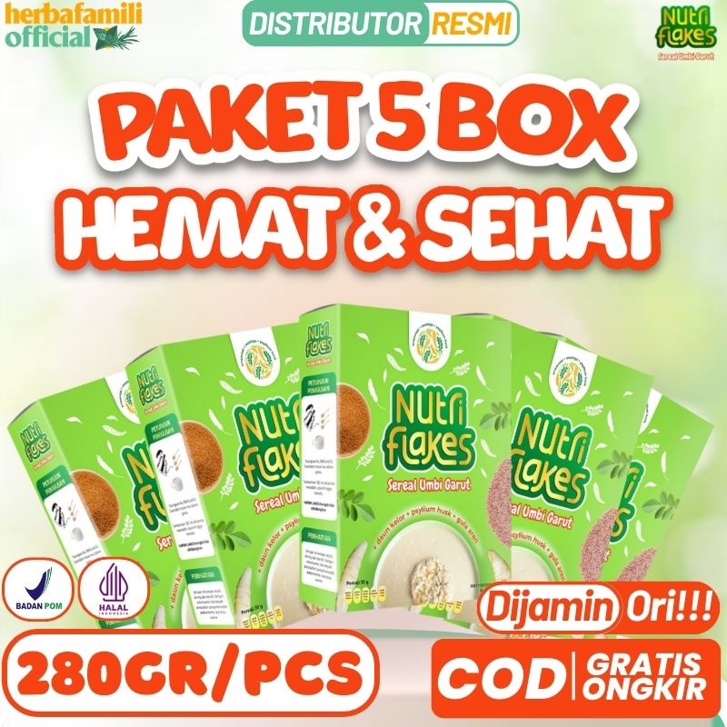 

5 BOX NUTRIFLAKES ORIGINAL 100% | Produk Ori Sereal Umbi Garut Penuh Serat Atasi Masalah Asam Lambung Gerd Maag NUTRI FLAKES
