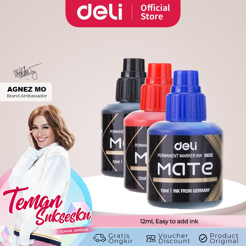 

Deli Isi ulang tinta Spidol Permanen [12 mL] - Hitam Merah Biru Cepat Kering tahan air ES632