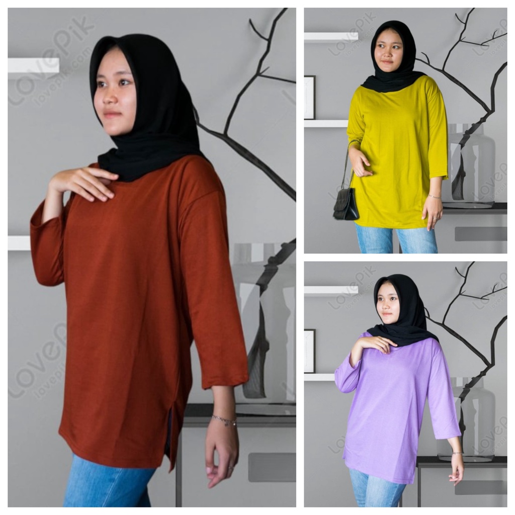 KAOS POLOS WANITA DEWASA OVERSIZE LENGAN 7/8 / ATASAN KAOS OVERSIZE BLUS JUMBO /  ATASAN KAOS WANITA