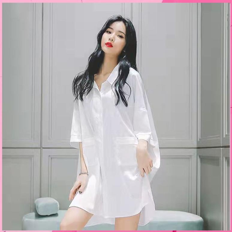 Piyama baju tidur putih kemeja Dress panjang sexy bahan Chiffon