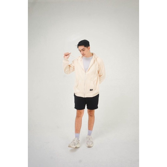 Sweater Zipper Hoodie Fleece Pria Cream - Hoodie Zipper Polos Basic Original Steigen - Hoodie Tebal