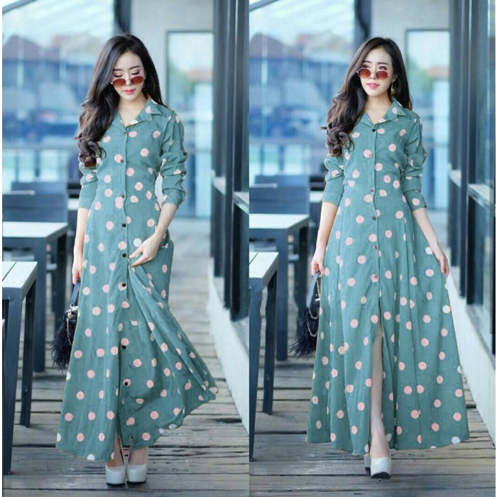 Gamis polka polkadot maxy dress Katun rayon , fit to XL, LD 102cm