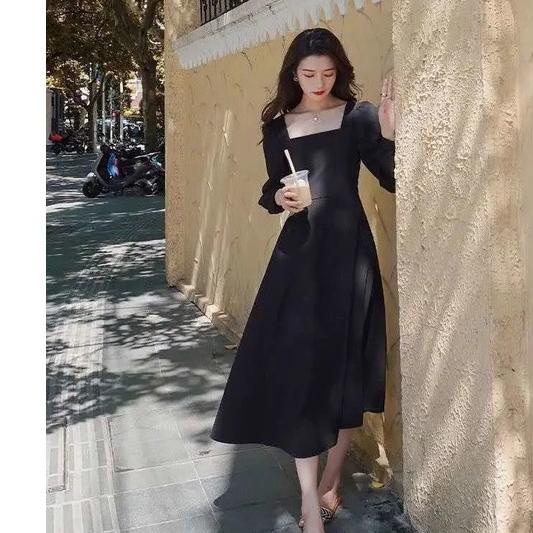 Terbaru Korea Dress Hitam Vintage Long Sleeves Maxi Dress Import Party Dress Grosir
