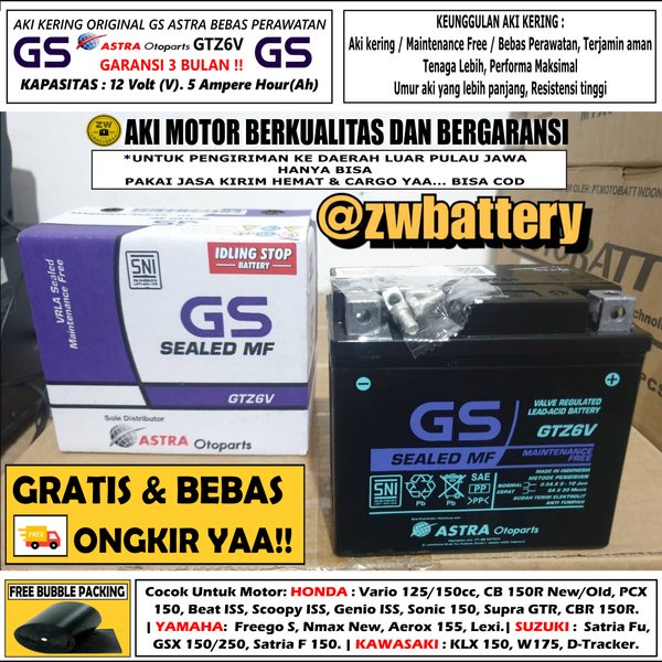 Aki Original Honda Vario 125-150 GTZ6V GS Astra Aki kering