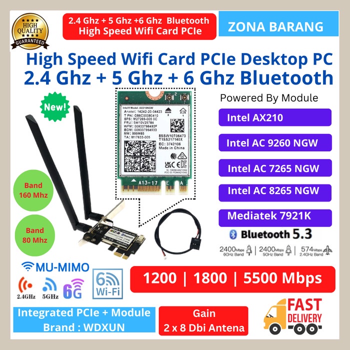 Terlaris High Speed Wifi Card Pcie Dual Band Ax210 Ac9260 Ac7265 Ac8265 Mt7921K