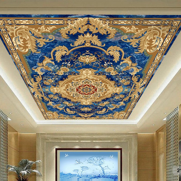 Terlaris Wallpaper 3D Custom Plafon Latar Biru Batik Emas Klasik (21Plf-011)