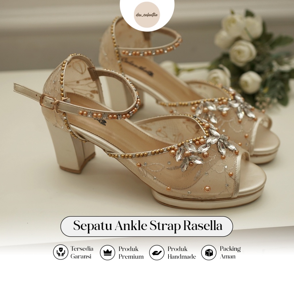 Deu_Calantha Sepatu Pesta Wanita Wedding Shoes Selop Ankle Strap Rasella Gold Heels 7 Cm Slop Kain