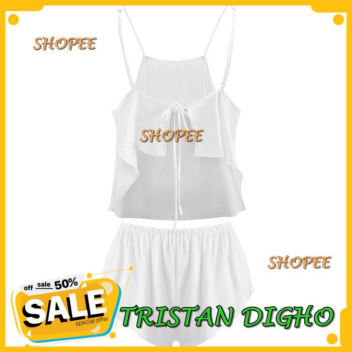 PIYAMA WANITA SET GAUN LINGERIE BAHAN SATIN SUTRA BAJU TIDUR A - PUTIH, M / PIYAMA WANITA SET GAUN L