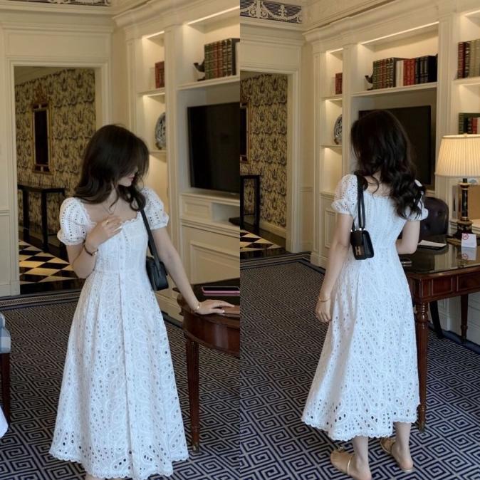Ready Can White Dress Lace Eyelet Embro Wanita Gaun Putih Korea Midi Limited Edition