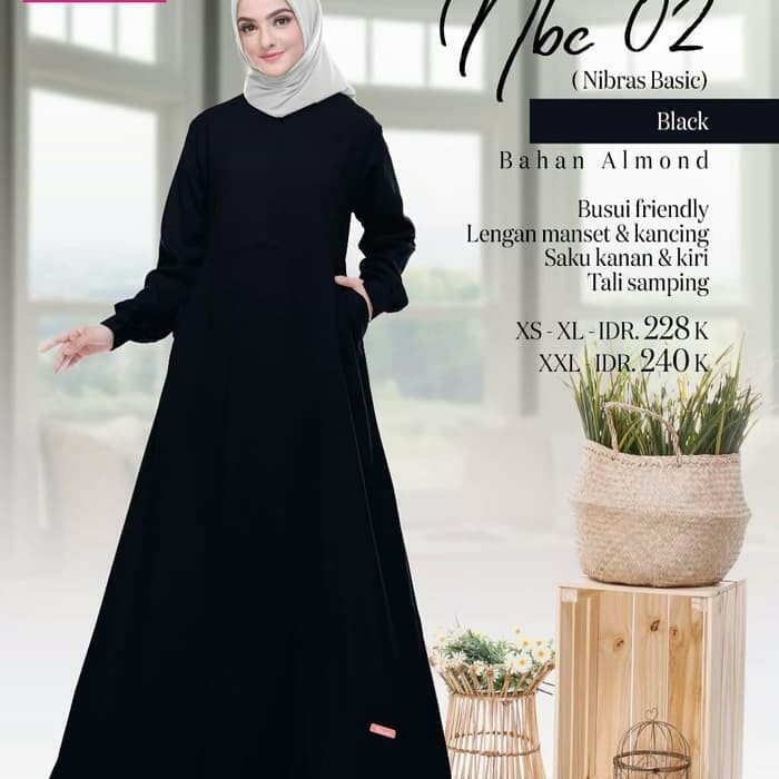 [Original] Baju Gamis Warna Hitam Polos Nibras Nbc 02 Bahan Almond Busui Manset Limited