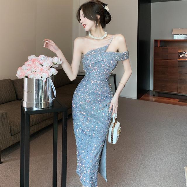 Elegant Socialite Elegant Craft Shiny Sequin Sexy Oblique Shoulder Party Holiday Dress Dress