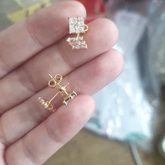 ✨Termurah Giwang Anting Tusuk Stud Kotak Persegi Permata Putih Emas Asli 375 8K Bisa Gojek