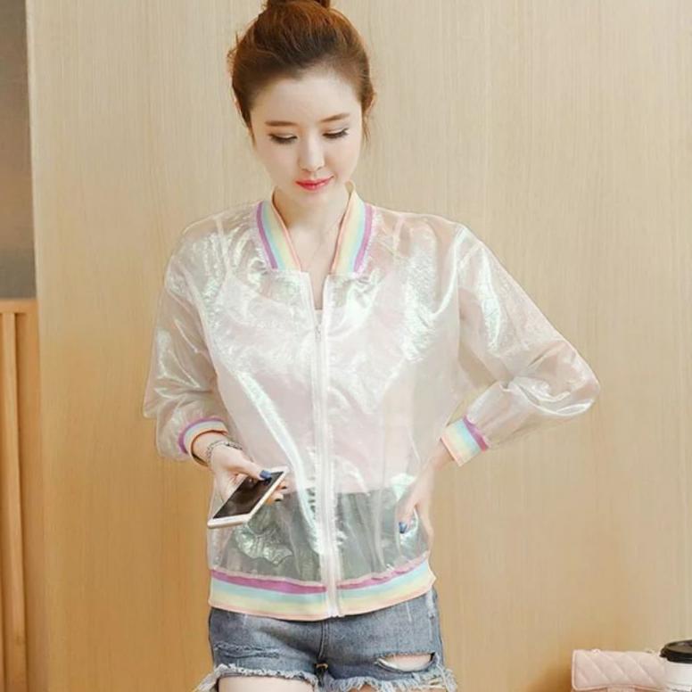 Jaket Wanita Kpop Style Hologram Rainbow Transparan Casual Dance Party Woman Jacket