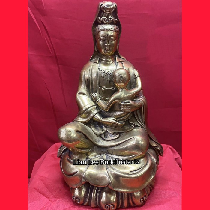 [Ori] Patung Dewi Kwan Im / Kwanyin Gendong Anak Logam Uk 20 Cm 8 Inch Bisa Gojek