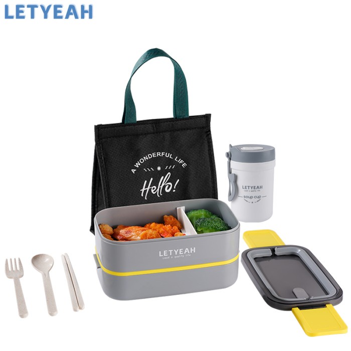 LETYEAH 2LAYERS LUNCH BOX SET KOTAK MAKAN DENGAN TAS BEKAL CANGKIR SUP