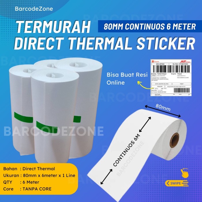 

Promo Kertas Thermal Stiker / Label 80Mm X 6Meter -Label Continuous - Tempel