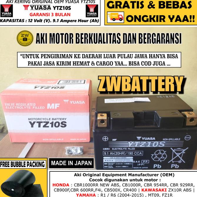 Aki Motor Yamaha R1 -R6 -MT09 -FZ1R Yuasa YTZ10S Jepang-MBTZ10S 9.1Ah