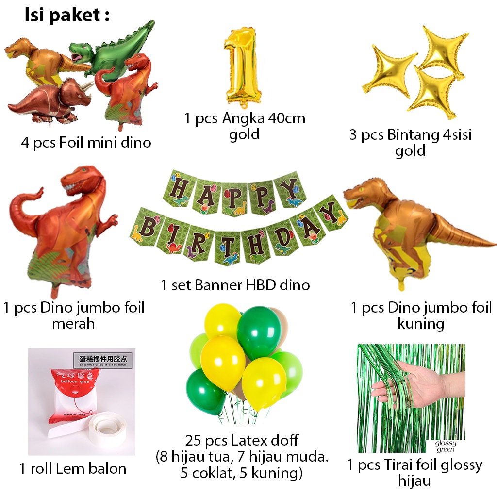[Paket] Thday Set Banner Dino Green Curtain Dekorasi Pesta Barop Ulang Tahun Anak