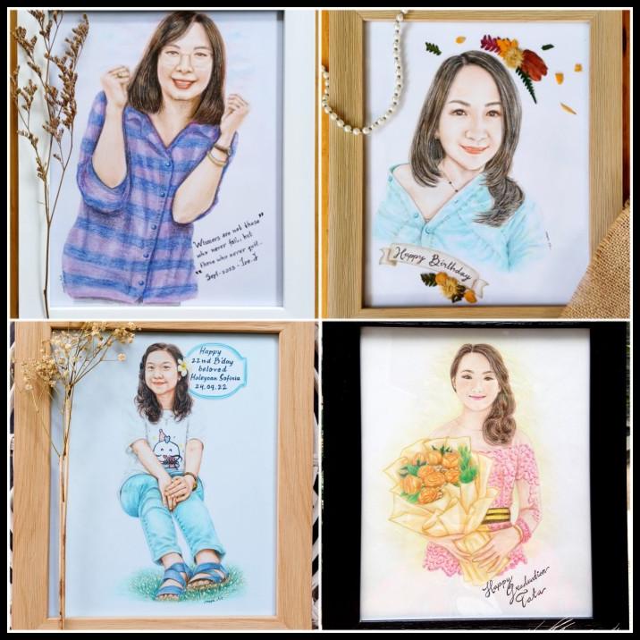 

TERBARU KADO PIGURA GAMBAR LUKISAN SKETSA WAJAH PENSIL WARNA 8R / A4 (1 FIGUR) !!