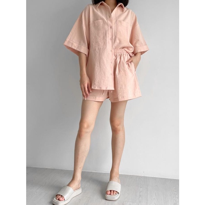 Michi Linen Set | Setelan Kemeja Celana Pendek Karet Bahan Linen