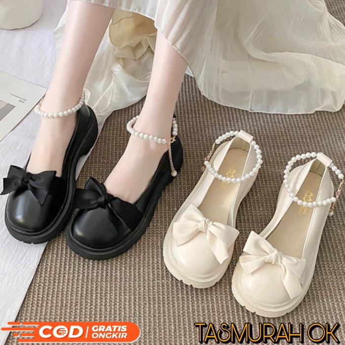 Sepatu Semi Boots Kulit Wedges Wanita Import Korea Pearl Docmart Shoes Promo Terbaru