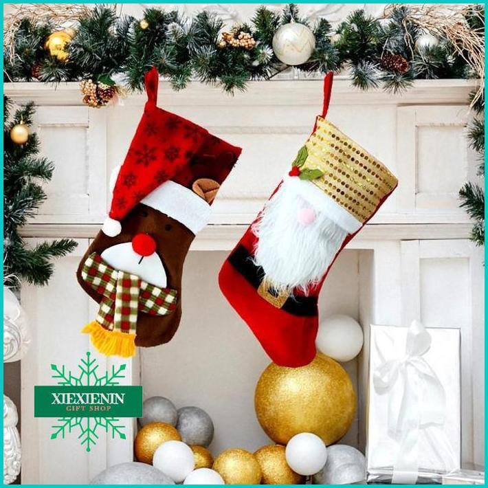 

XIEXIENIN Kaos Kaki Kado Santa Gliter Christmas Gantungan Goodie Bag Natal Murah