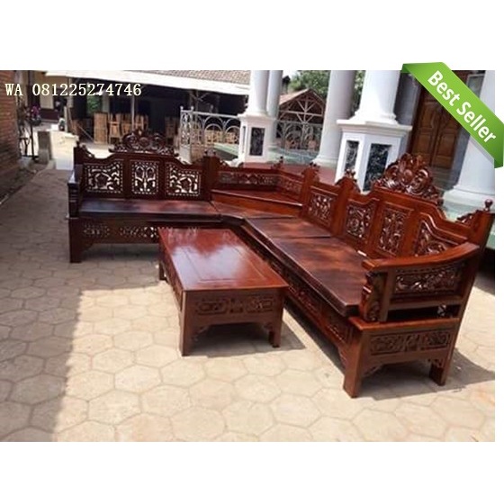 UJ 359 Kursi tamu minimalis sudut kayu jati solid - kursi sofa kayu jati - warna finising, Tanpa bus